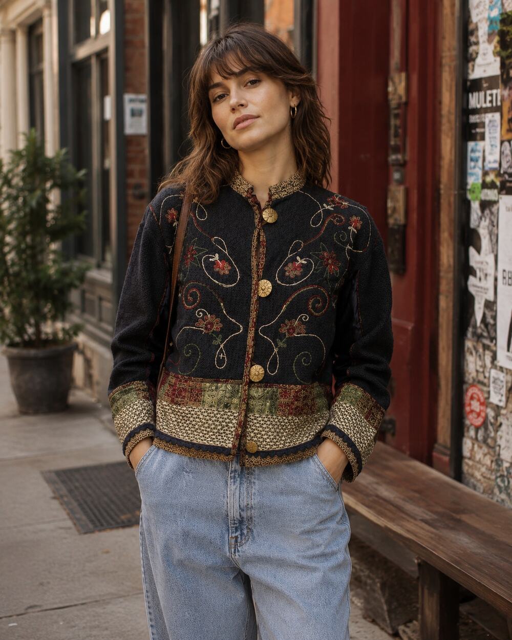 David Brooks Boho Cabincore Jacket Embroidered Pieced Sz PM